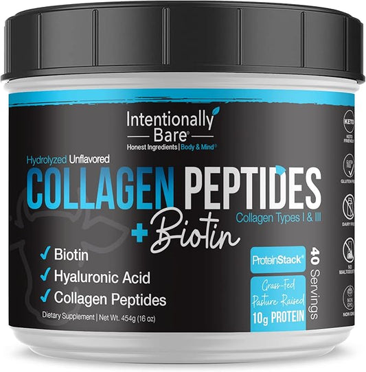 Intentionally Bare Collagen Powder Unflavored - Collagen Peptides Powder with Biotin & Hyaluronic Acid - Non-GMO & Grass Fed Collagen Protein Powder with 10g Protein - Keto Collagen Powder 40 Servings