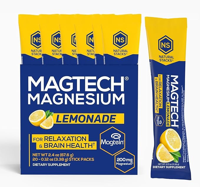 MagTech Magnesium Drink Mix Lemonade - 3 Forms of Magnesium: Magtein L-Threonate, Glycinate & Taurate - 200mg Chelated Magnesium Complex - Supports Relaxation & Brain Health* - 20 Stick Packs