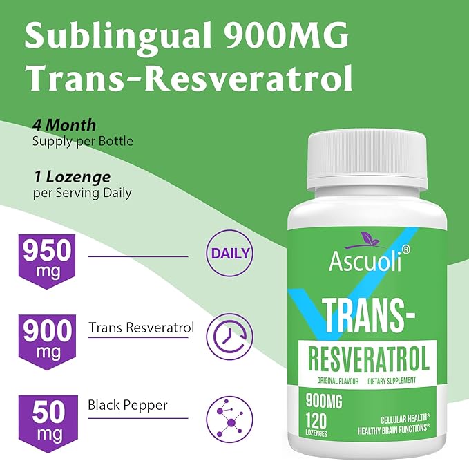 Sublingual Trans-Resveratrol Purity 99%, 3-in-1 Advanced Formula Resveratrol Supplement for Boost NAD+, Immune & Energy Support, Anti-Aging, Skin & Overall Health, 120 Lozenge (120-Day Supply)