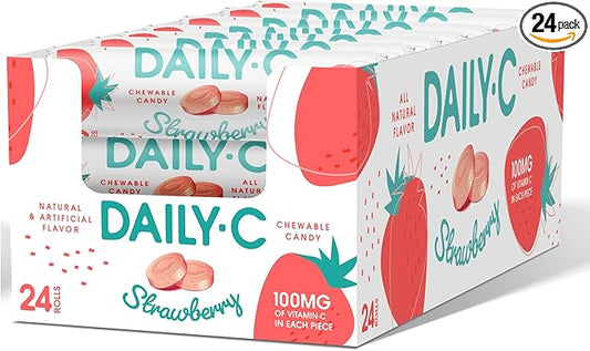 Chewable Vitamin C Strawberry Chewable Candy | 100MG of Vitamin C in Each Piece | Brought to You by Iconic Candy (Strawberry, 24ct Roll Box)