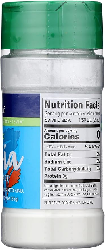 SweetLeaf Organic Pure Stevia Powder Shaker Jar - Zero Calorie Sweetener with Pure Stevia Leaf Extract, 1000 Servings per Container, No Additives, Sugar Free, Keto Friendly - 0.9 Oz (Pack of 1)