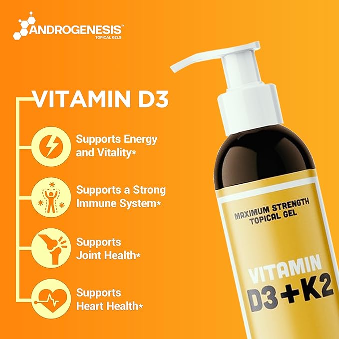 Vitamin D3 K2 Maximum Strength Topical Gel - 15000+ IU Per Pump - The Sunshine Vitamin - Supports Bone & Joint Health, Immune Support - One Month Supply
