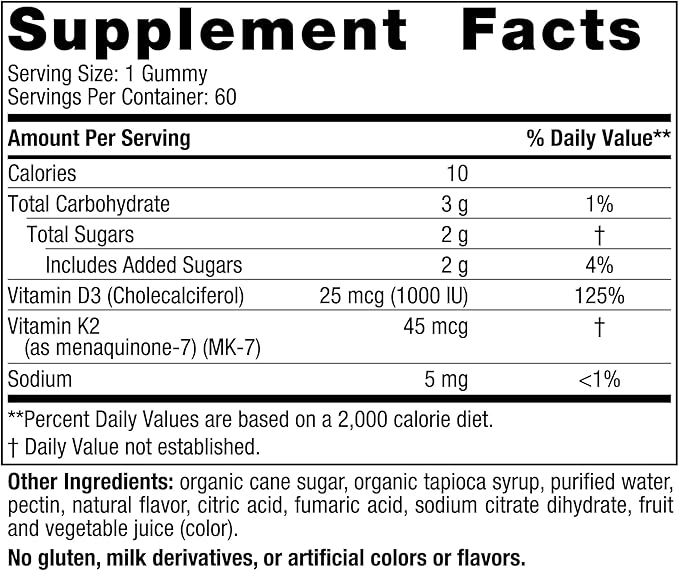 Nordic Naturals Vitamin D3 + K2 Gummies, Pomegranate - 60 Gummies - 1000 IU Vitamin D3 + 45 mcg K2 - Great Taste - Bone Health, Promotes Healthy Muscle Function - Non-GMO - 60 Servings