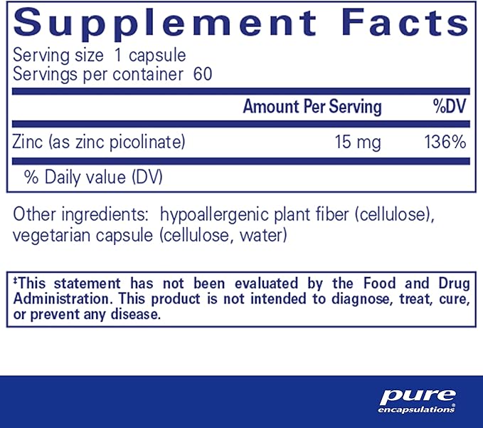 Pure Encapsulations Zinc 15 mg - Zinc Picolinate Supplement for Immune System Support, Growth & Development - for Wound Healing - 60 Capsules