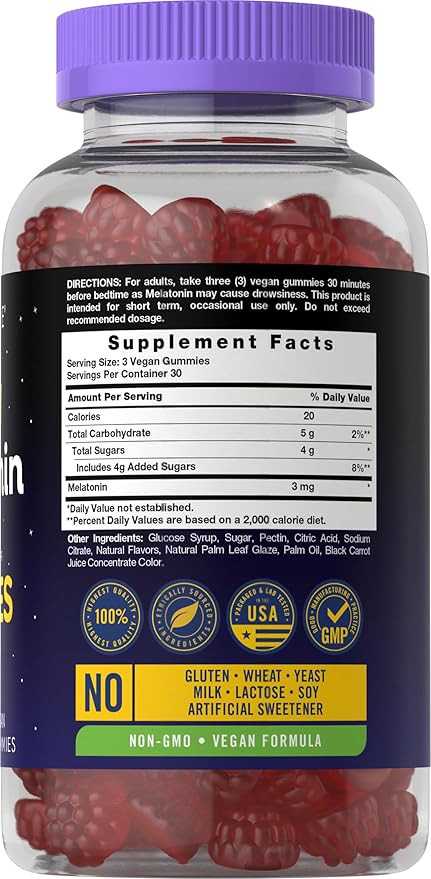 Carlyle Melatonin Gummies 3mg | 90 Count | Fruit Flavor Gummy Supplement | 100% Drug Free Support | Vegan, Non-GMO, Gluten Free