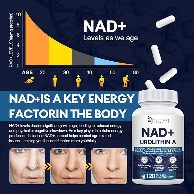 NAD Supplement for Women Men with Urolithin A, Resveratrol, PQQ, Alpha Lipoic Acid, Quercetin | NAD+ Supplement for Anti Aging, Energy, Antioxidant, Metabolism Support, 120 Capsules