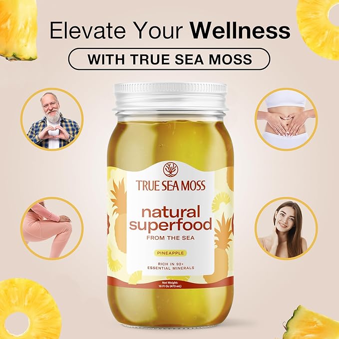 TrueSeaMoss Sea Moss Gel – Made in USA – Wildcrafted Seamoss, Fresh Fruits & Sea Vegetables – Pineapple, Pack of 5 (Labels may Vary)