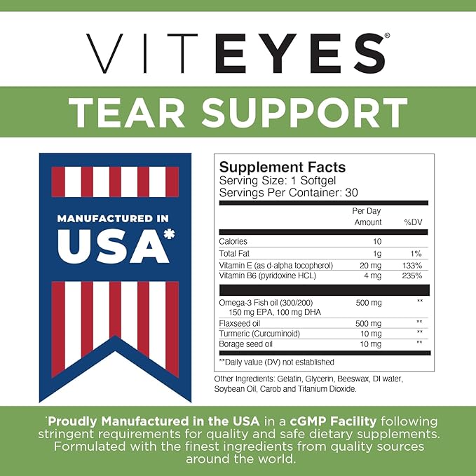 Viteyes Tear Support Eye Soothing Blend, Occasional Dry Eye Supplement, No Eye Drops, Redness Relief, Eye Vitamin, Allergy Support for Itchy Eyes, Omega-3 Fish Oil, 30 Softgels