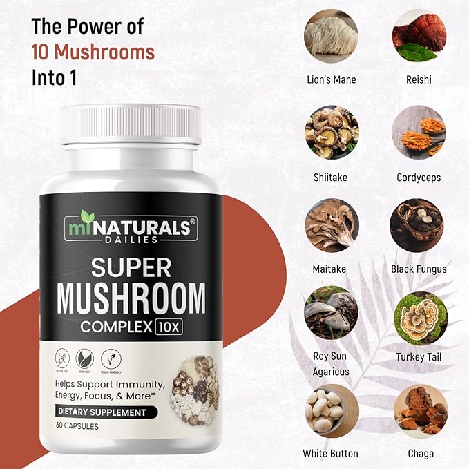 Mushroom Complex Capsule - Lion's Mane, Reishi, Cordyceps, Chaga, Turkey Tail, Maitake - Supplement Real Fruiting Body - 10 in 1