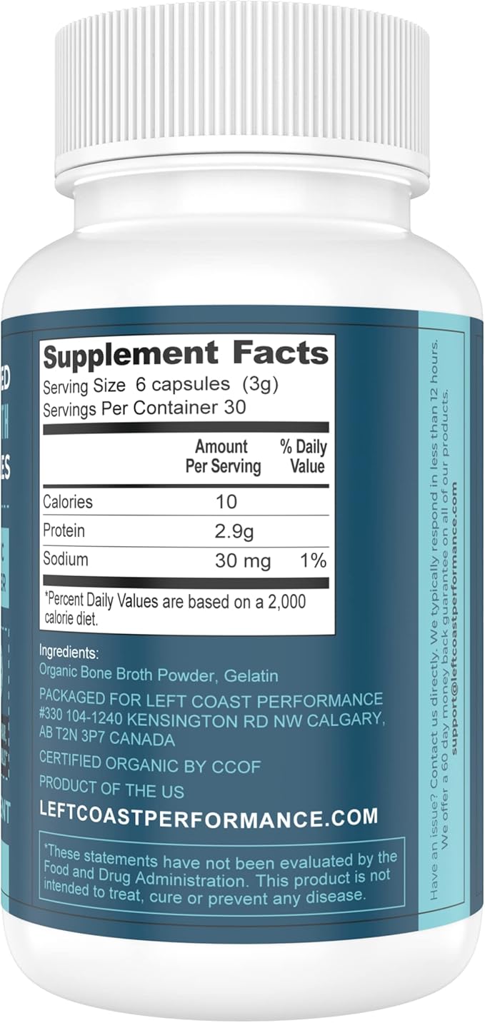 Grass-Fed Bone Broth Capsules with Collagen from Organic Bone Broth Powder. Collagen Supplement for Nails, Hair, Joints and Digestive Health* Support. Gut Friendly-Ingredients, 180 Capsules