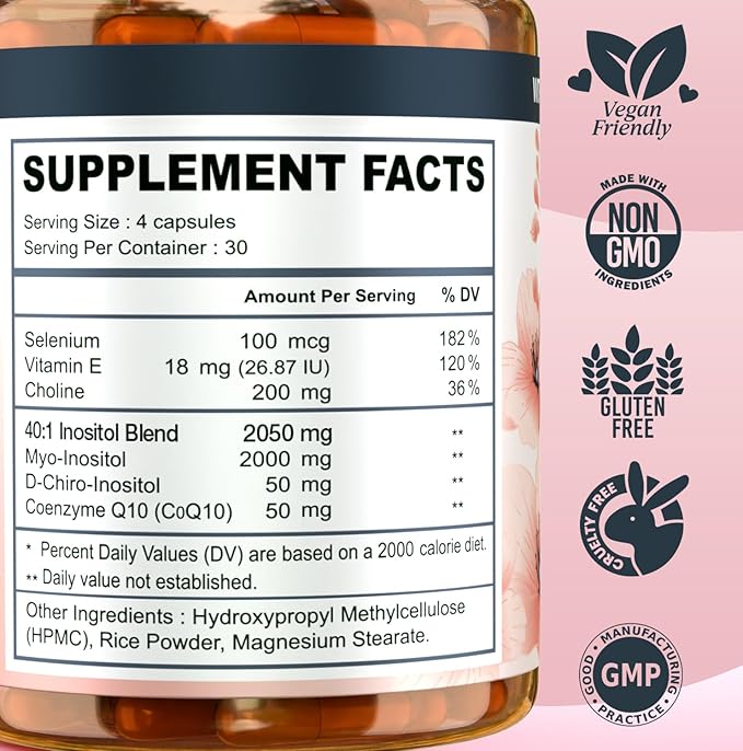 Myo-inositol & D-chiro Inositol Supplement for Women - Ideal 40:1 Ratio Complex for Fertility, Hormonal Balance, Menstrual Cycle & Ovarian Health Support with CoQ10, Choline & Selenium - 120 Capsules