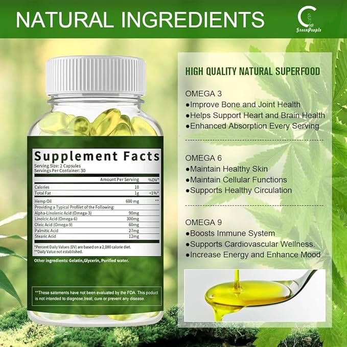 GPGP GreenPeople 100% Natural Hemp Oil Capsules - 180 Servings - Extra Strength Hemp Oil Extract for Stress, Sleep & Mood Support, Rich in Omega 3, 6, 9