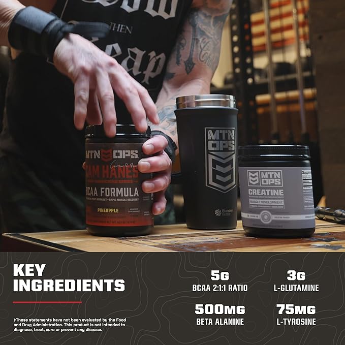 MTN OPS BCAA Powder, 2:1:1 Amino Acids Supplement Powder for Rapid Muscle Recovery & Repair with Zero Sugar & Gluten Free - 30-Serving Tub Pineapple Flavor, Cameron Hanes Keep Hammering Series