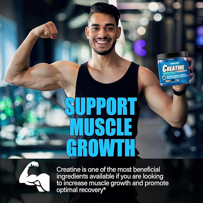 Sugar Free Creatine Monohydrate Gummies for Men & Women-5g of Creatine Monohydrate per Serving for Muscle Mass,Vegan,Blueberry Flavor, 90 Count