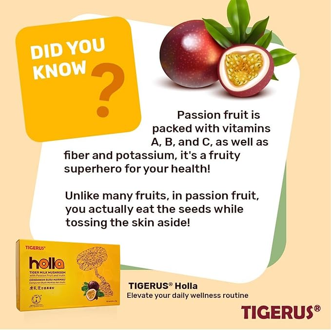 TIGERUS® Holla Tiger Milk Mushroom with Passion Fruit and Inulin - Immune Support, Digestive Health, Antioxidant Boost, Natural Wellness Supplement - 30 Sachets