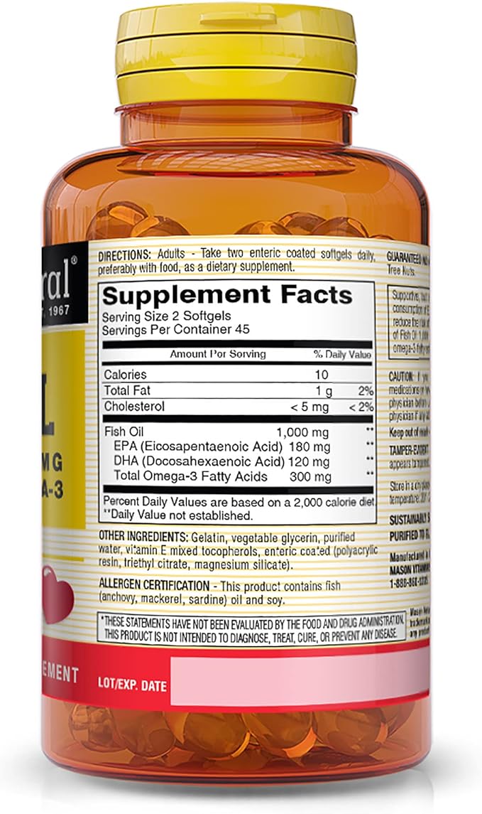 MASON NATURAL No Burp Fish Oil 1000 mg Omega-3 300 mg - Healthy Heart, Supports Circulatory Function, Improved Cardiovascular Health, 90 Softgels (Pack of 6)