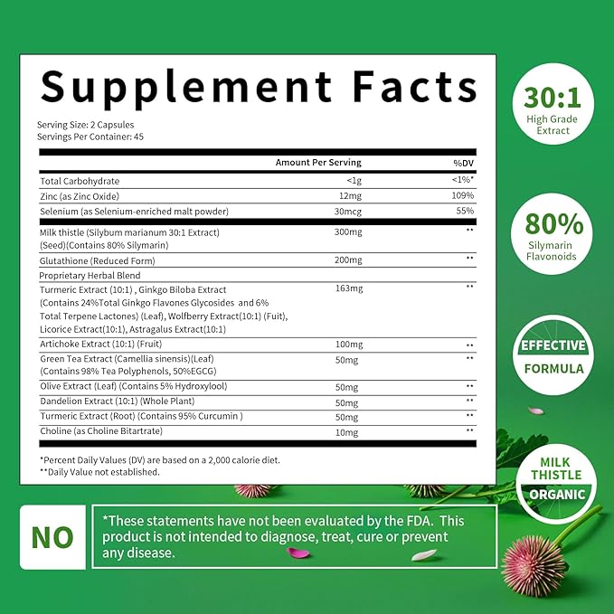 Liver Support Supplement with Milk Thistle Extract with Silymarin, Glutathione, Dandelion, Artichoke - Liver Cleanse Detox Repair, Antioxidant Support- 90 Capsules
