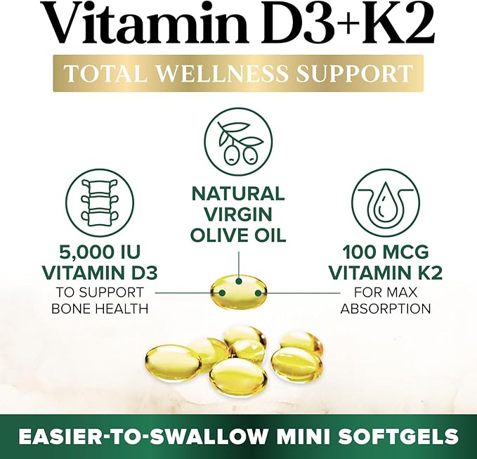 Vitamin D3 K2, 5000 IU Vitamin D3 & 100 mcg Vitamin K2 MK-7 Supplement Supports Immune Health, Bone, Heart & Calcium Absorption - Extra Virgin Olive Oil Softgel, Vitamins D & K Complex - 240 Softgels