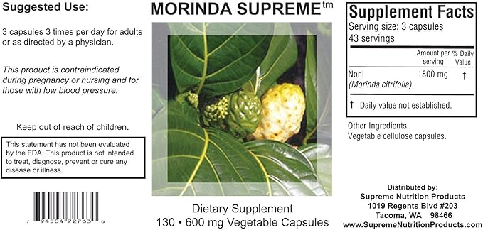 Supreme Nutrition Morinda Supreme, 130 Whole Noni Fruit Vegetarian Capsules | 3 Pack
