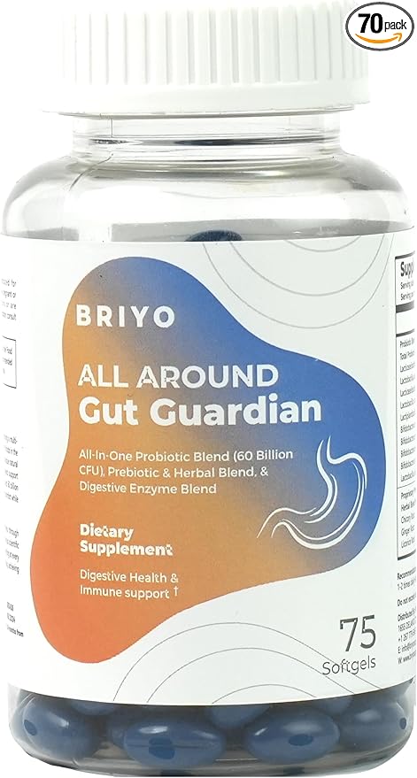 Briyo Gut Guardian Gut Health Support - 60 Billion CFU Probiotics, Prebiotics, Digestive Enzymes, and Herbs for Digestion & Immune Health - Relieves Constipation, Diarrhea, Gas & Bloating