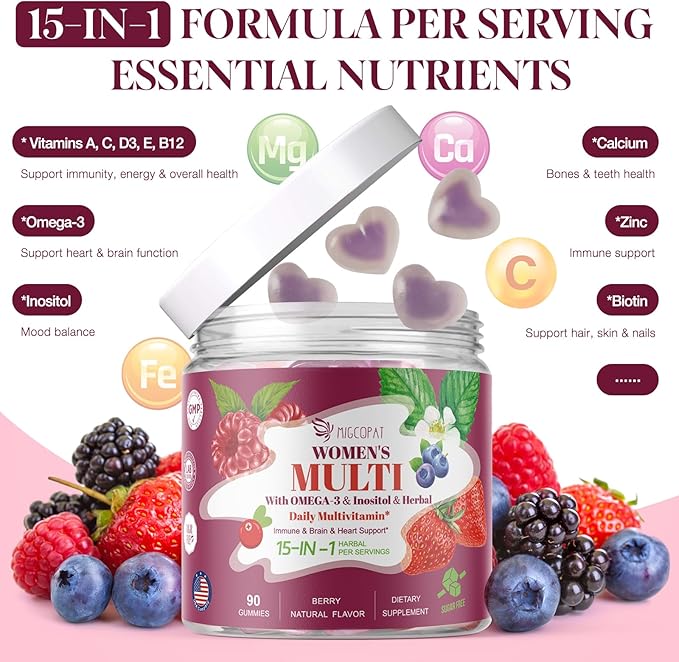 Multivitamin for Women, Womens Multivitamin Gummy w/Omega-3, Inositol, Folate, Biotin, Vitamins A, C, D3, E, B12 for Heart, Brain, Hair, Energy & Immune, Sugar-Free Gummies, Berry Flavor, 90 Cts