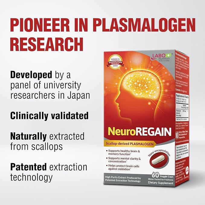LABO Nutrition NeuroREGAIN - Scallop-derived PLASMALOGEN for Brain Deterioration, Memory, Alertness, Learning, Concentration and Other Cognitive Functions – Suitable for Seniors, Adult Men & Women