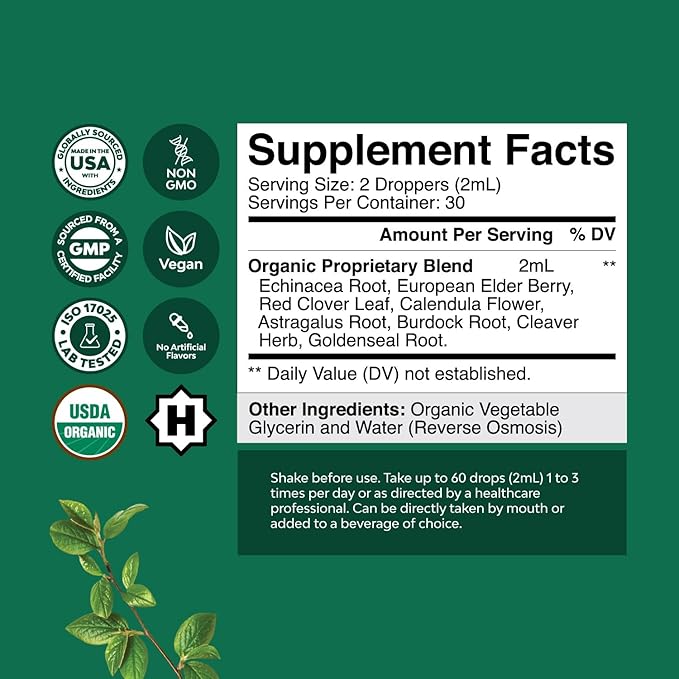 Certified Organic Lymphatic Drainage Drops - Herbal Lymphatic Cleanse and Immune Support Supplement with Echinacea Goldenseal & Red Clover Extract - Vegan Non GMO Alcohol and Sugar Free - 60 Servings