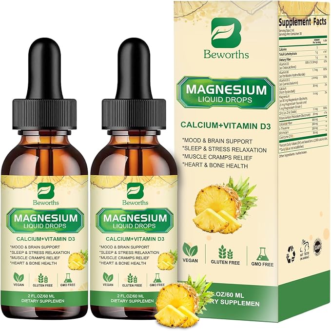 2Pack Magnesium Glycinate Complex, Magnesium Liquid Drops with Magnesium Citrate, Calcium, Potassium, Vitamin D3, Zinc - Magnesium Taurate Supplement