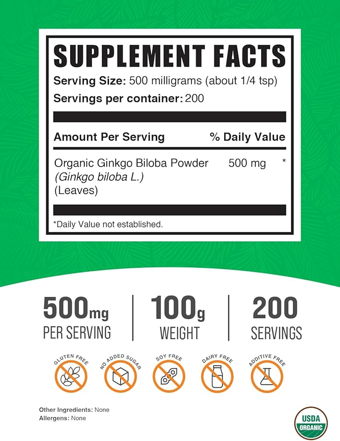 BulkSupplements.com Organic Ginkgo Biloba Powder - Ginkgo Biloba Supplements, Ginkgo Biloba Organic - from Ginkgo Biloba Leaf, Vegan - 500mg per Serving, 100g (3.5 oz) (Pack of 1)