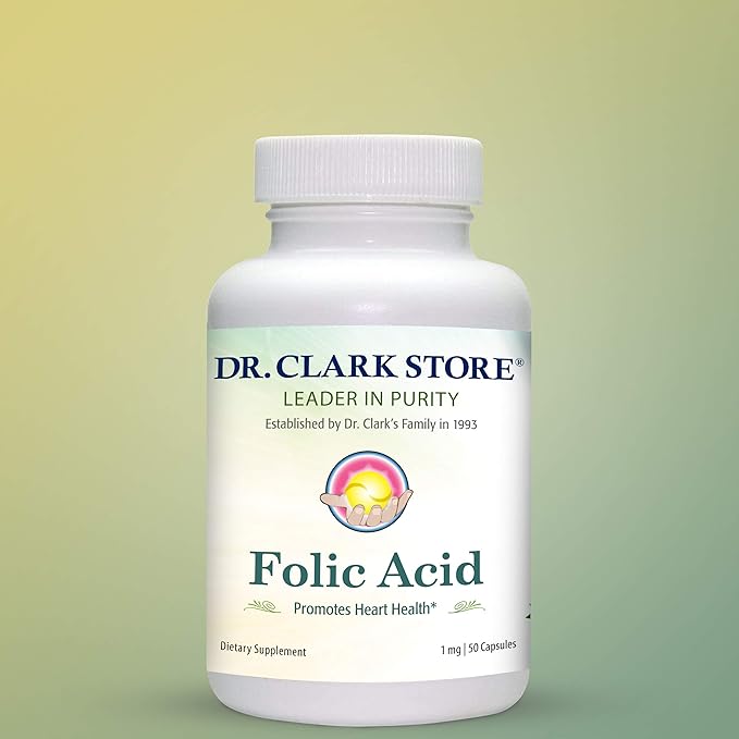 Dr. Clark Folic Acid (Vitamin B9) Supplement – 1mg, 50 Gelatin Capsules, Supports Healthy Pregnancy & Cell Growth