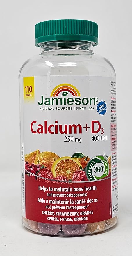Jamieson Calcium 250mg + D3 400 IU/UI Fruit Flavoured Gummies - Helps to Maintain Bone Health - 110 Count