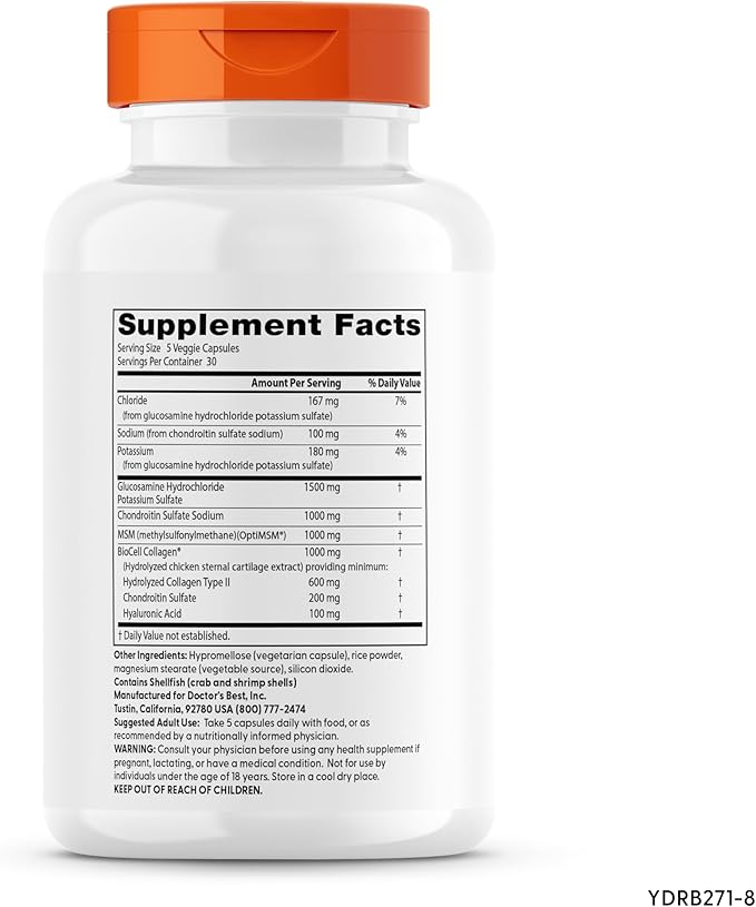 Doctor's Best Glucosamine Chondroitin MSM + Hyaluronic Acid with OptiMSM Featuring Biocell Collagen, Joint Support, Non-GMO, Gluten & Soy Free, 150 Caps