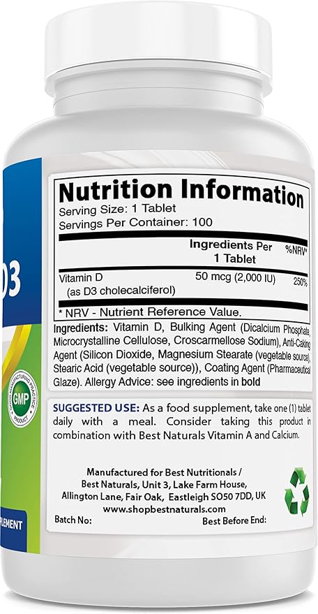 Best Naturals Vitamin D3 2000 IU (50 mcg) - 100 Tablets - 100 Days Supply - Helps Support Immune Health, Strong Bones and Teeth, & Muscle Function (100 Count (Pack of 1))