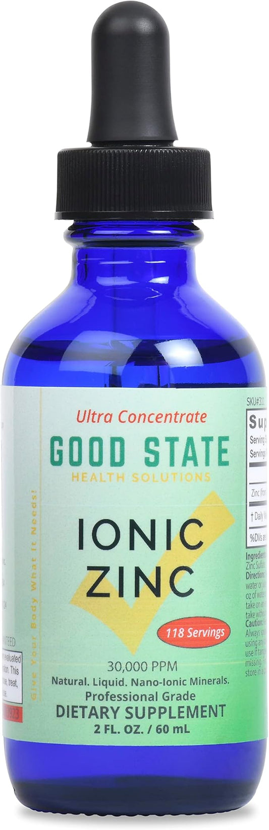 Good State Natural Ionic Zinc | Liquid Concentrate | Nano Sized Mineral Technology | Professional Grade Dietary Supplement | 1.6 fl oz Glass Bottle (50 mL)