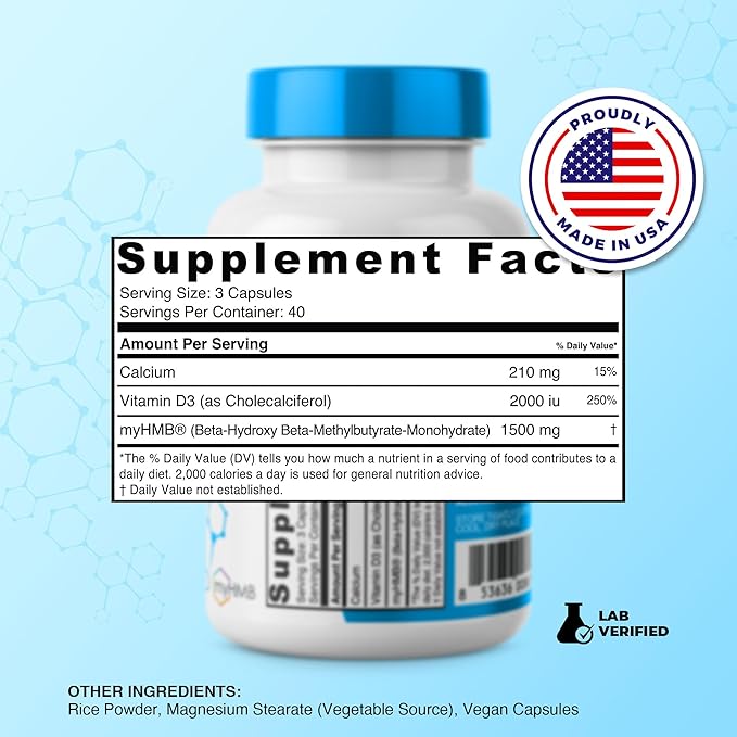 HMB and Vitamin D3 Supplement, 1,500mg Patented Formula with Clinical Dose, Preserve Lean Muscle with Ageless Performance, Beta-Hydroxy Beta-Methylbutyrate Capsules, 120 Count
