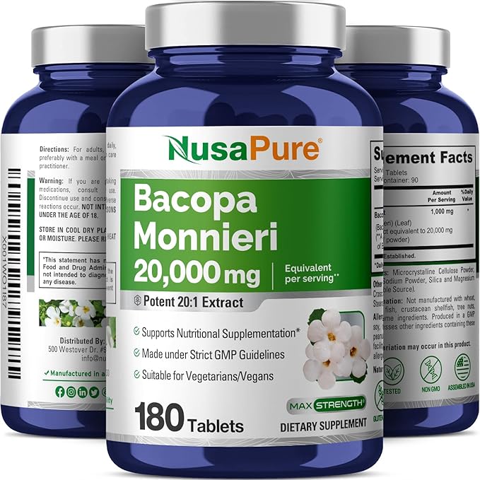 NusaPure Bacopa Leaf Monnieri Extract 20,000 mg 180 Tablets (Extract 20:1, Non-GMO, Gluten Free)