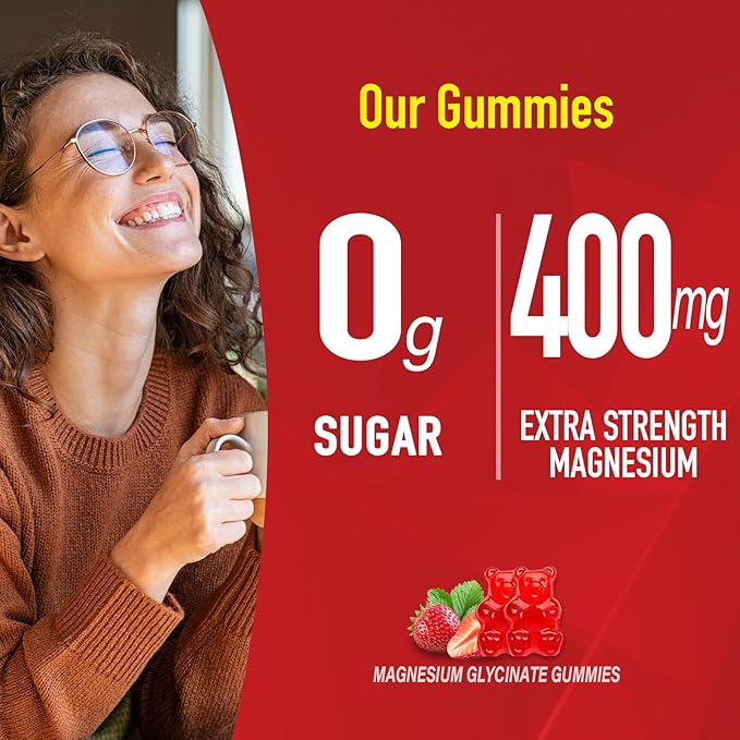 Magnesium Glycinate Gummies 400mg with Ashwagandha, Lemon Balm, CoQ10 for Energy Support & Better Zzz –Sugar Free Magnesium Gummy Supplements for Women and Men- 120 Count