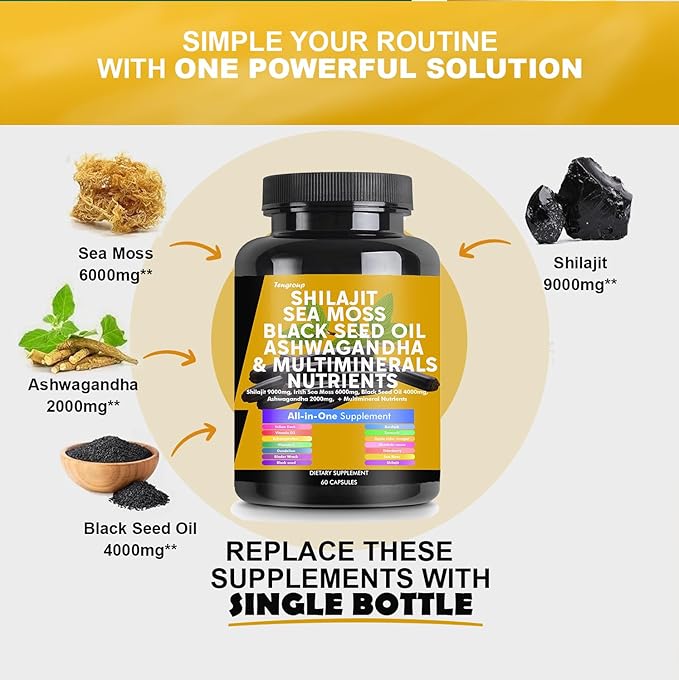 Shilajit 9000mg Sea Moss 6000mg Black Seed Oil 4000mg Ashwagandha 2000mg Burdock 1000mg & Vitamin C & D3 with Elderberry rhodiola rosea Dandelion Yellow Dock Turmeric ACV