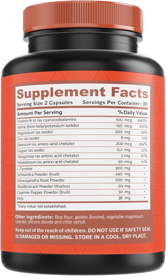 Thyroid Support for Women and Iodine Supplement ǀ Enhanced Absorption Thyroid Complex for Energy, Metabolism, Focus Formula, Relaxation with Ashwagandha, L-Tyrosine and Adaptogens Non-GMO