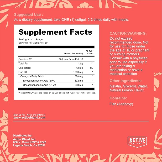 Omega-3 Fish Oil – 1250mg Triple Strength with 690mg EPA & 260mg DHA – Wild-Caught, No Fishy Aftertaste – 60 Soft Gels