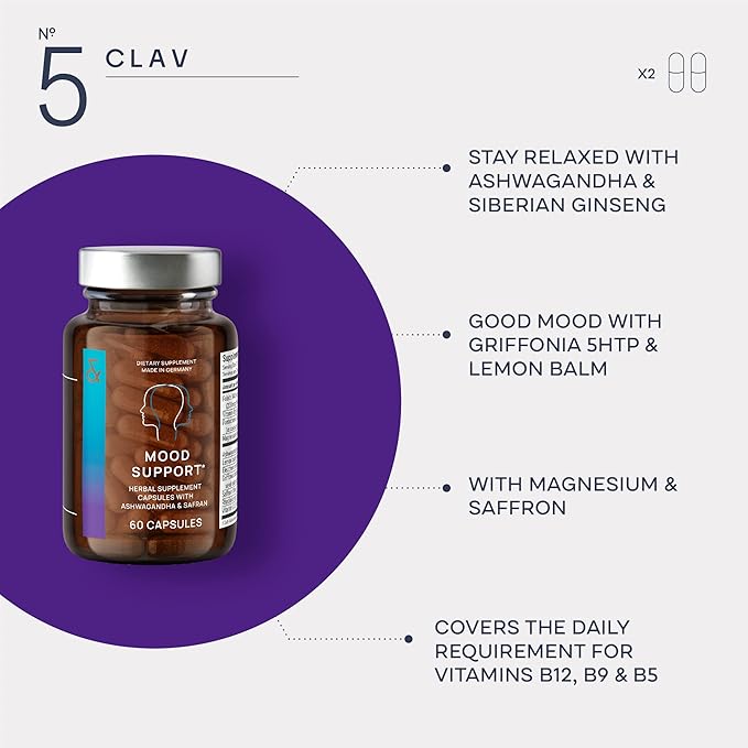 CLAV Mood Support Supplement - with Ashwagandha + Saffron Extract + 5-HTP Griffonia + Siberian Ginseng + Rhodiola rosea - 60 Capsules