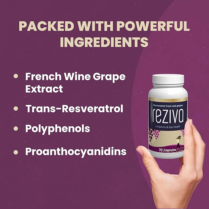 Reziva Resveratrol Supplement - Ultra High Potency & Doctor Formulated - Transresveratrol Supplements - Grapeseed With Resveratrol - For Longevity, Eye Health And, Overall Well-Being - 30 Veg Capsules