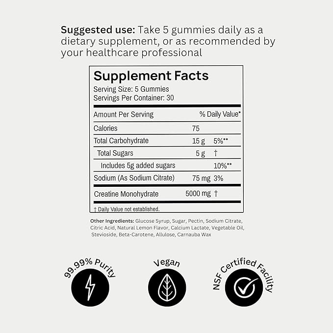 BOD Creatine Gummies, Creatine Monohydrate Gummies, Lemon Drop, for Muscle Support, and Energy Support, Pre Workout Supplement, 5g Creatine for Women and Men per Serving, 30 Servings, 150 Gummies