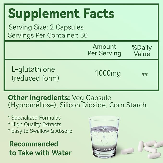 Glutathione Supplement 1000mg Antioxidant Supplement - Premium Vegan Formula for Immune Support, Skin Brightening & Liver Detox – Allergen-Free, Non-GMO, Effective Wellness Boost (60 Capsules)