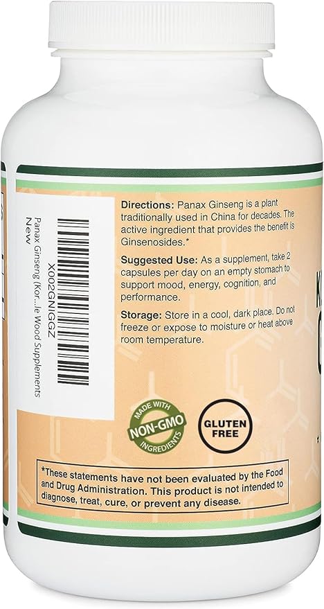Ginseng Capsules (Korean Red Ginseng Extract, Panax Ginseng 10% Ginsenosides) (4 Month Supply) 240 Vegan Capsules - 1,000mg per Serving for Mood, Cognitive Function and Energy Support by Double Wood
