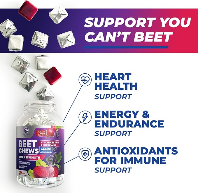 Beets Chews - Beet Root Gummies for Nitric Oxide Support, Superfood Beets Powder Soft Heart Chews, Grape Seed Extract & Non-GMO Beetroot Energy Supplement Supports Heart Health & Energy, 60 Soft Chews