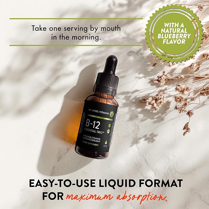 Mt. Angel Vitamins - B12 Essential Trio - Vegan Sublingual Drops with High-Potency Methyl B12, B6 & Folate - Easy Absorption Liquid - Non-GMO, Made in USA