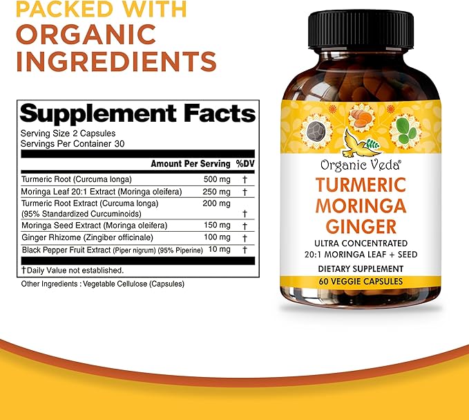 Organic Veda Turmeric Moringa Ginger Capsules - Super Antioxidants & Curcumin Supplement with 20:1 Moringa Leaf & Seed Extract, Black Pepper - Energy, Joints, Heart Health Support - 60 Vegan Pills