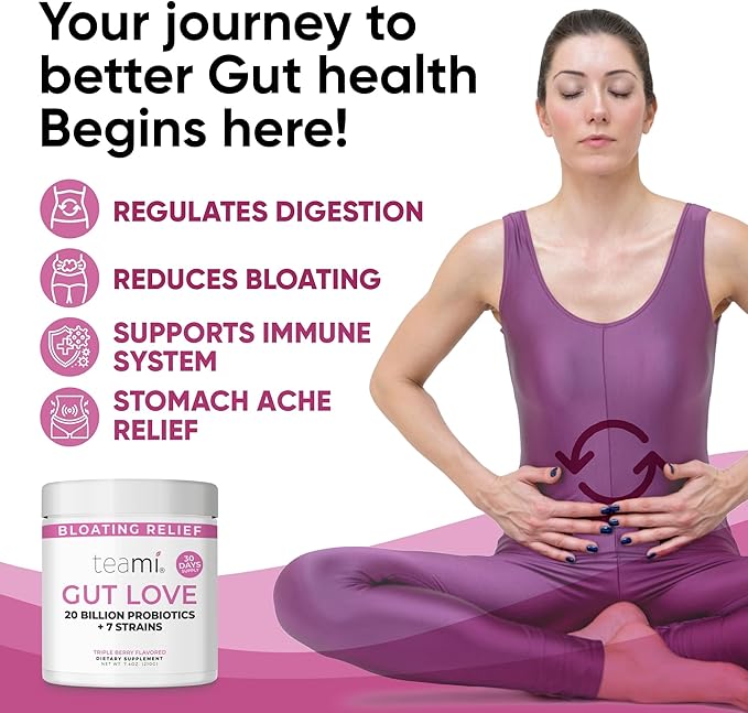 Teami Prebiotic and Probiotic Powder for Women - Promotes Digestion, Bloating Relief & Belly Balance - Gut Health Powder with 20 Billion Probiotics & 7 strains - Triple Berry Gut Love, 30 Servings