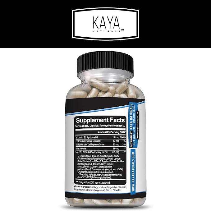 Kaya Naturals - Sleep Support Formula with Melatonin - Aid Support Vitamin Supplement - Sleep Stress and Mood Support - L-Tryptophan, Passion Flower, Ashwagandha and More - 180 Capsules (180 Count)